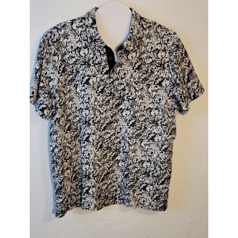 Perry Ellis Men’s XXL Black White Pima Cotton Botanical Print Polo Shirt EUC